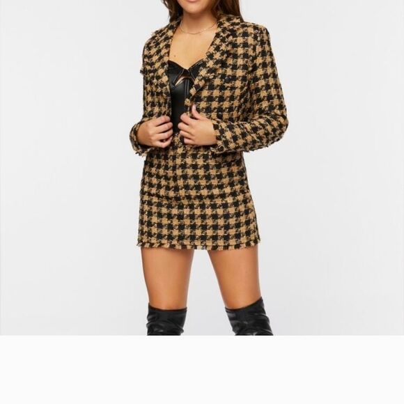 Forever 21 Brown Black Cropped Houndstooth Tweed Fringe Jacket Y2K Size Small - Picture 1 of 7